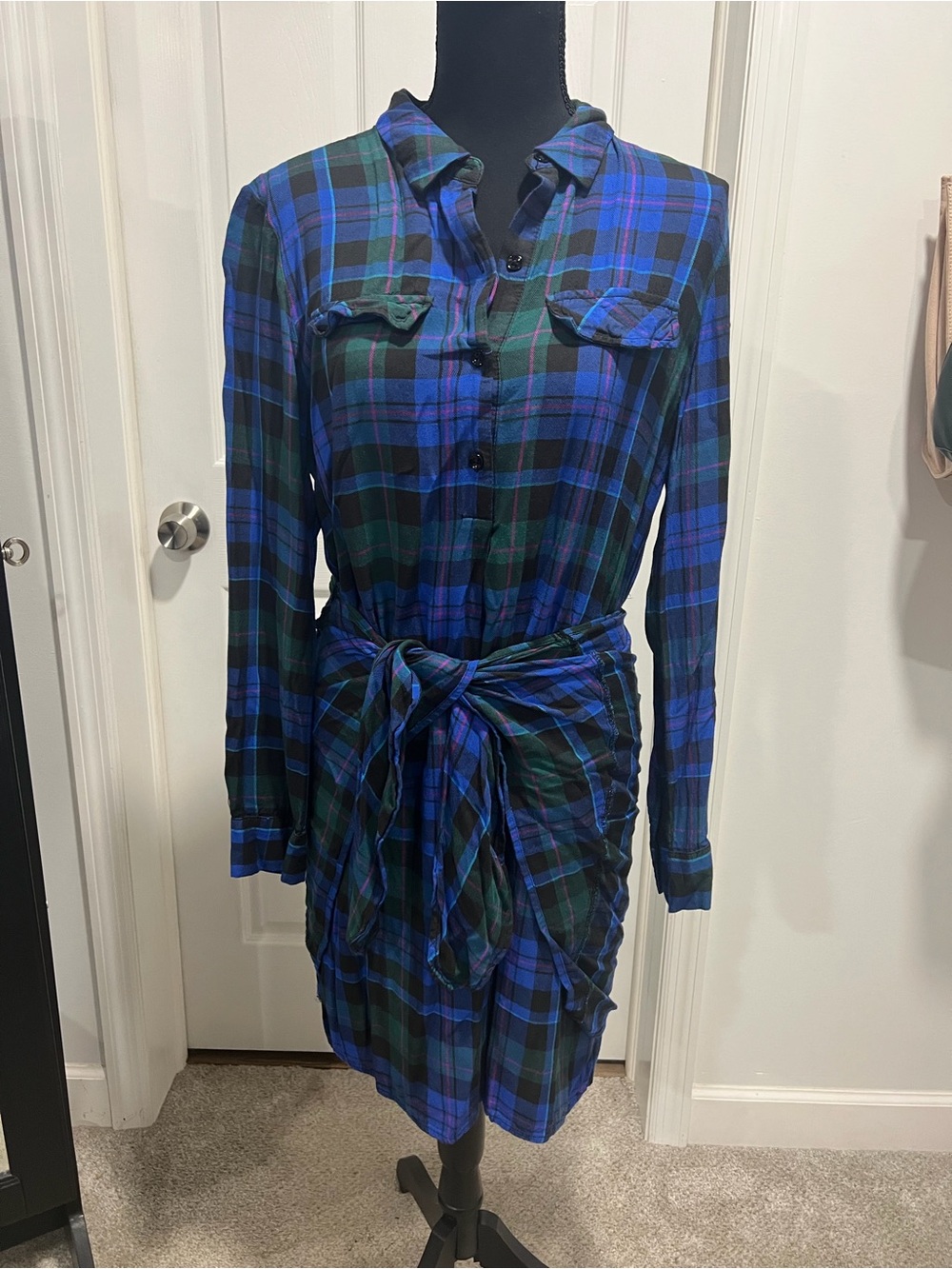 Plaid Shirt Dress with Tie Waist - Blue Green